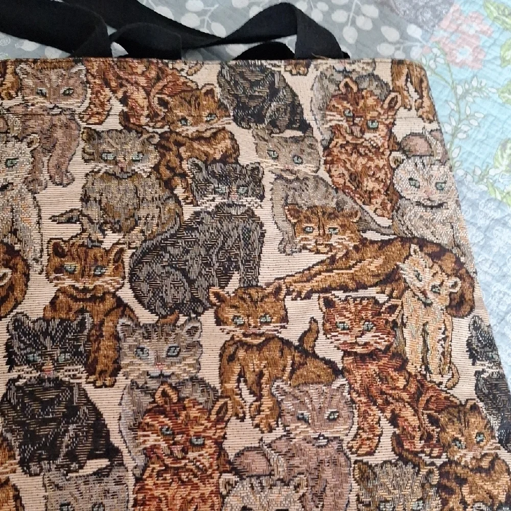 Cat Tapestry Tote Bag with Black Straps